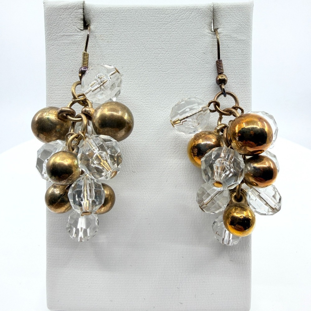 VTG Y2K Chunky Cluster Dangle Earrings Gold Tone Clear Faceted Bead Grape Charm